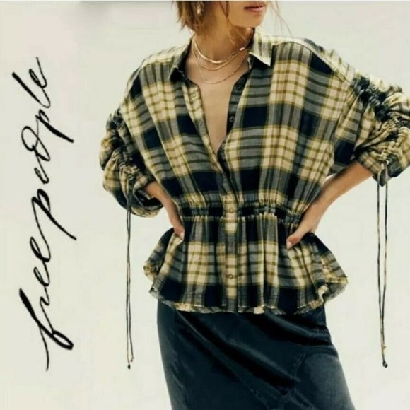 Free People Plaid Button Down Blouse Top XS - Picture 1 of 4